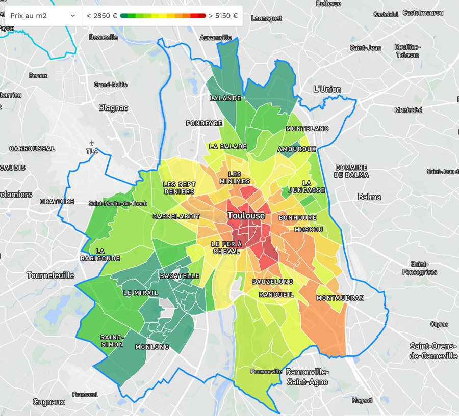 Carte du prix de l'immobilier à Toulouse(capture d'écran du site meilleursagents.com)